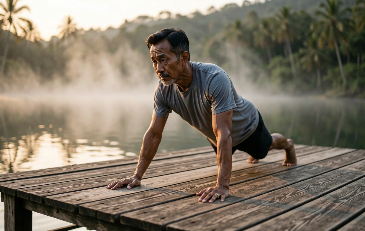 Active man trekking in a lush Indonesian landscape